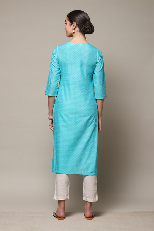 Blue Cotton Straight Printed Kurta image number 4