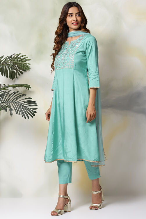 Sea Green Viscose Kalidar Kurta Pants Suit Set image number 4