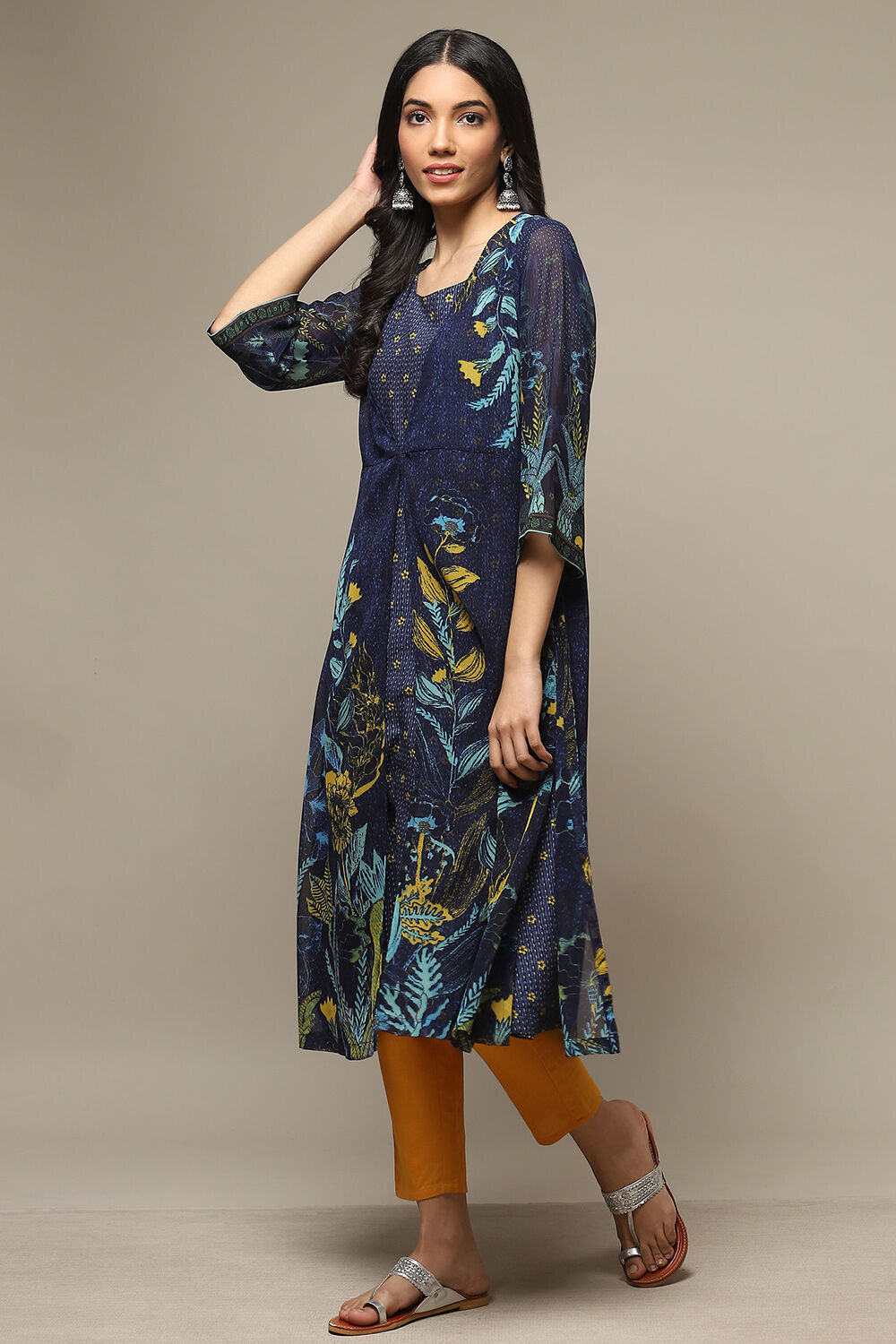 Navy Cotton Blend Straight Printed Kurta image number 4