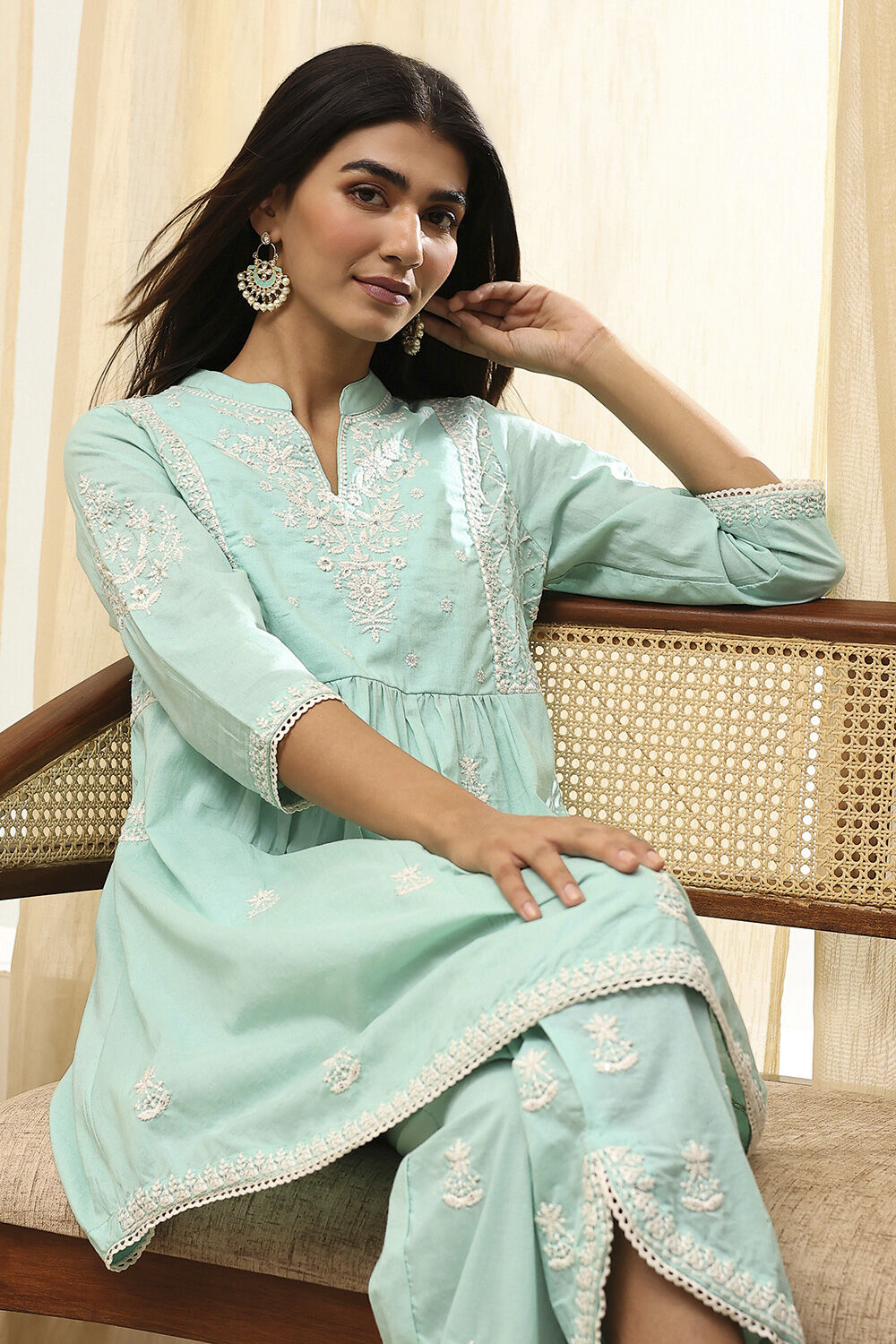 Aqua Cotton Embroidered Straight Kurta Set image number 0