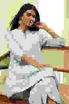 Aqua Cotton Embroidered Straight Kurta Set image number 0