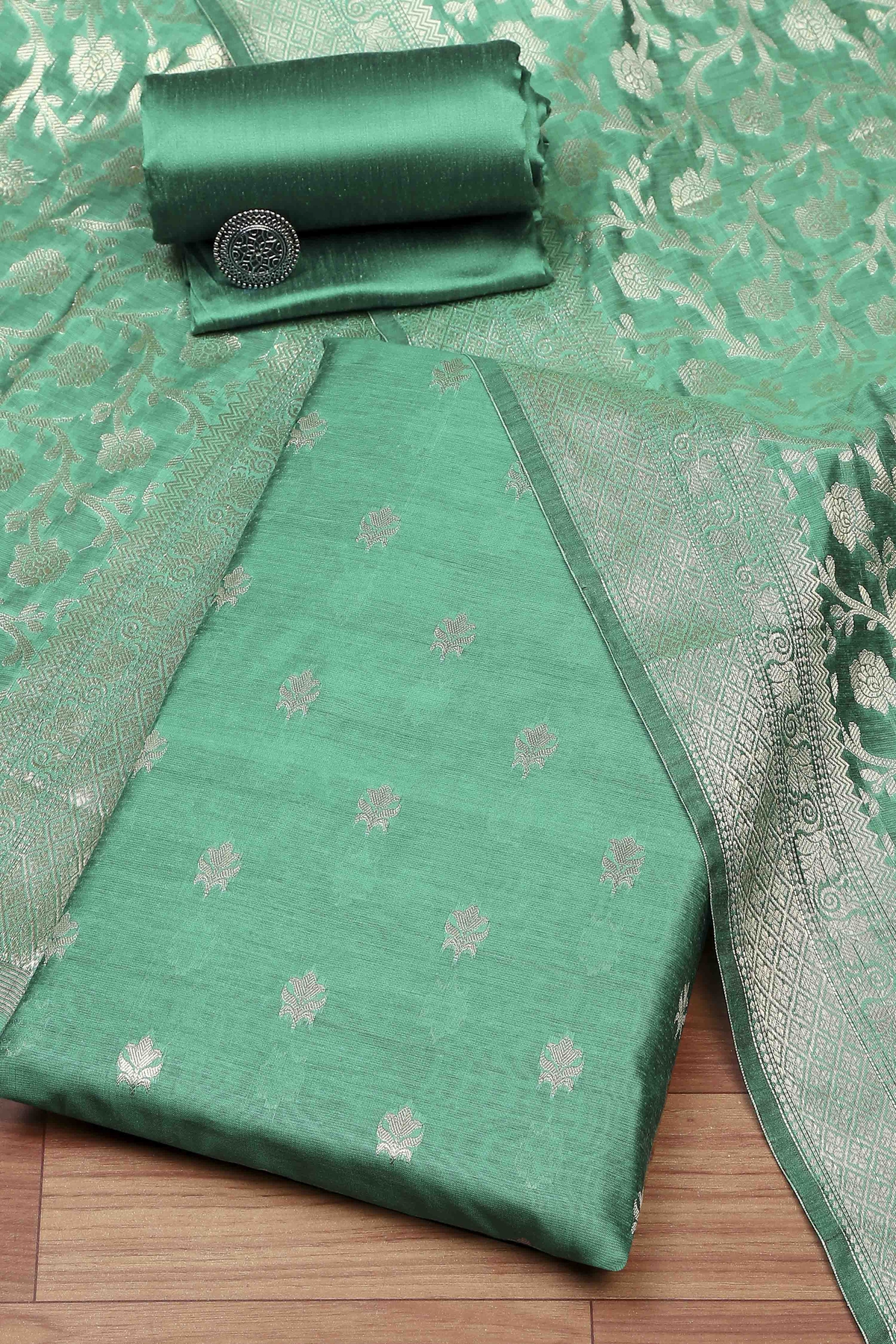 Green Cotton Printed Embroidered Unstitched Suit Set