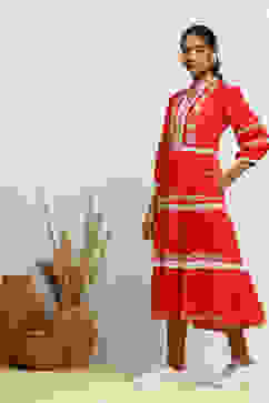 Cherry Red Pure Cotton Embroidered Tiered Dress image number 2