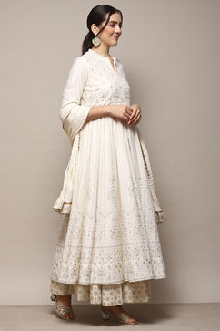 Off White Cotton Anarkali Kurta Skirt Suit Set image number 6