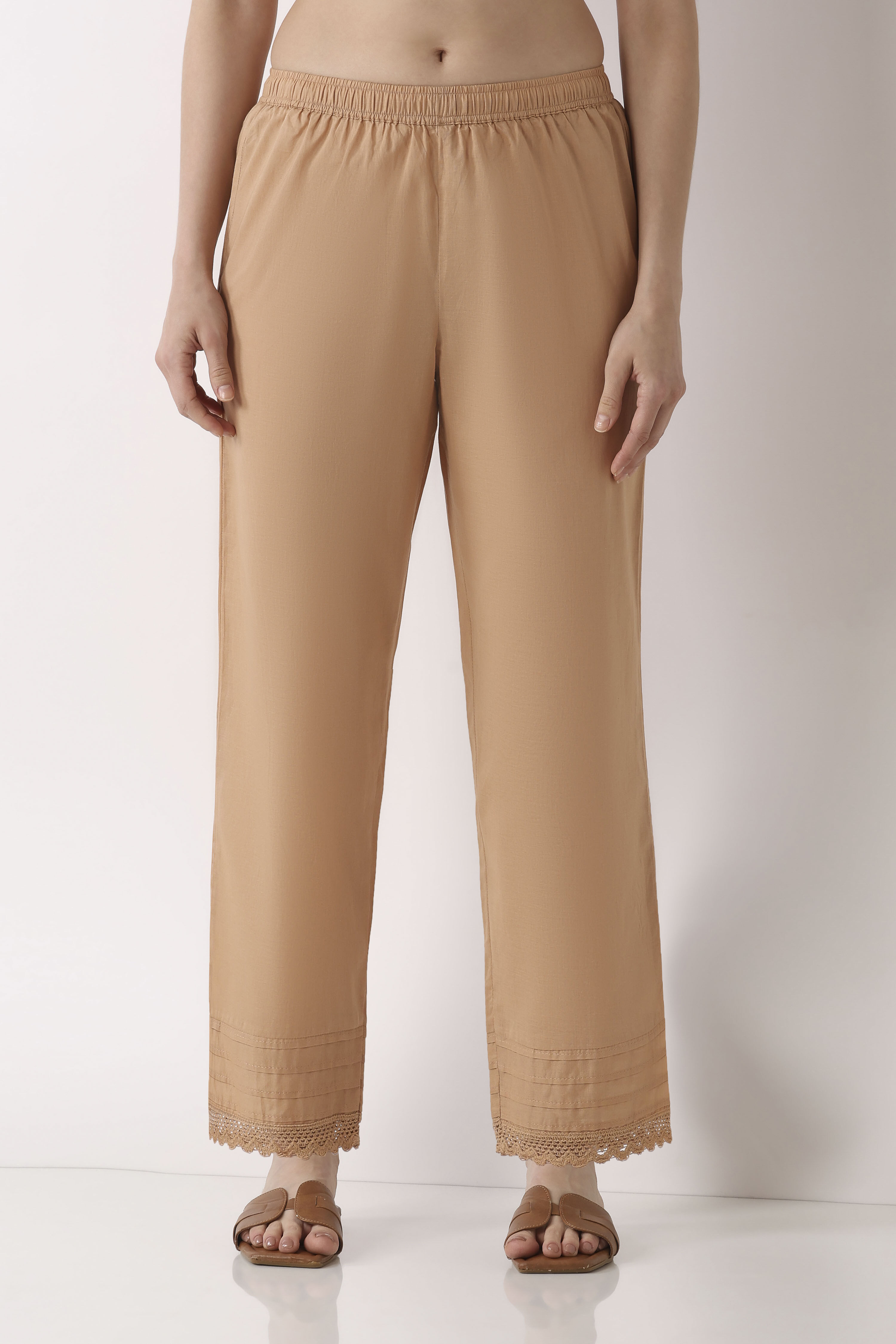 Beige Cotton Relaxed Dyed Pants image number 4