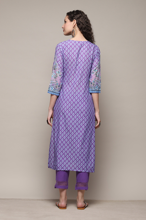 Yellow Cotton Straight Printed Kurta Slim Pant Suit Set image number 4