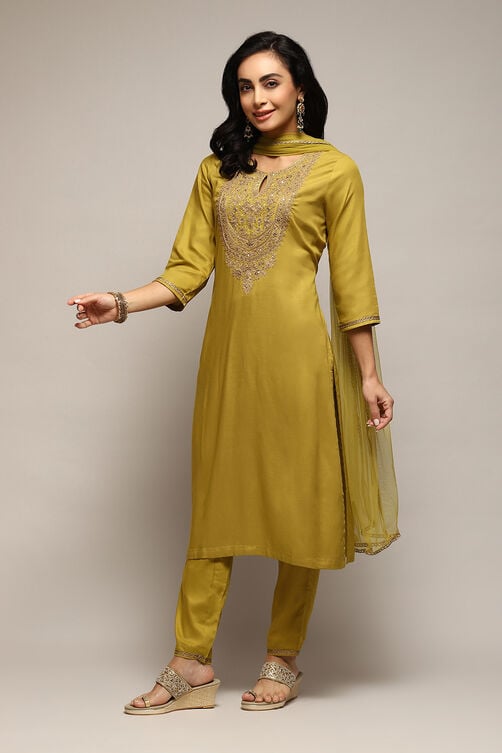 Green Rayon Straight Embroidered Kurta Pant Suit Set image number 0