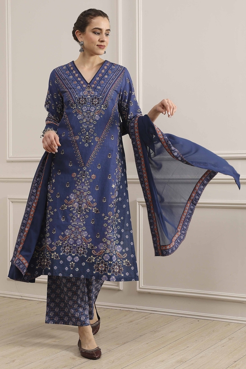 Blue Cotton Printed Straight Suit Set image number 0