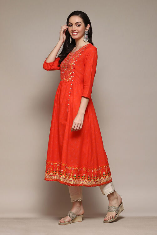 Red Cotton A-Line Printed Kurta image number 2