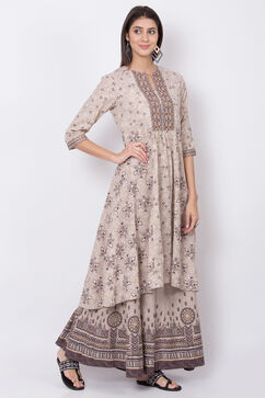 Sand Brown Cotton Flax A Line Kurta image number 0