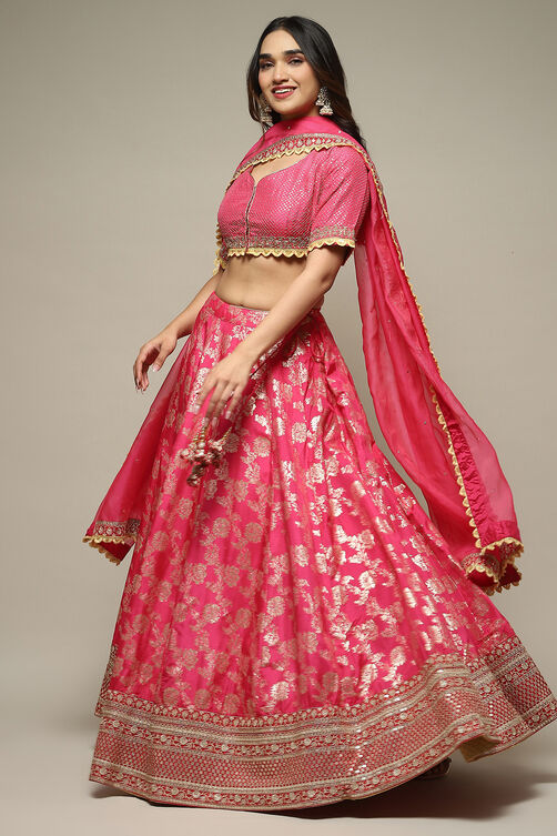 Fuchsia Silk Brocade Straight Embroidered Kurta Lehenga Set image number 7