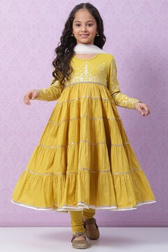 Lime Yellow Cotton Anarkali Kurta Churidar Suit Set image number 0
