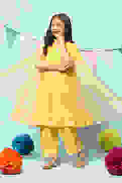Yellow Nylon Gathered Embroidery Kurta Palazzo Suit Set image number 0