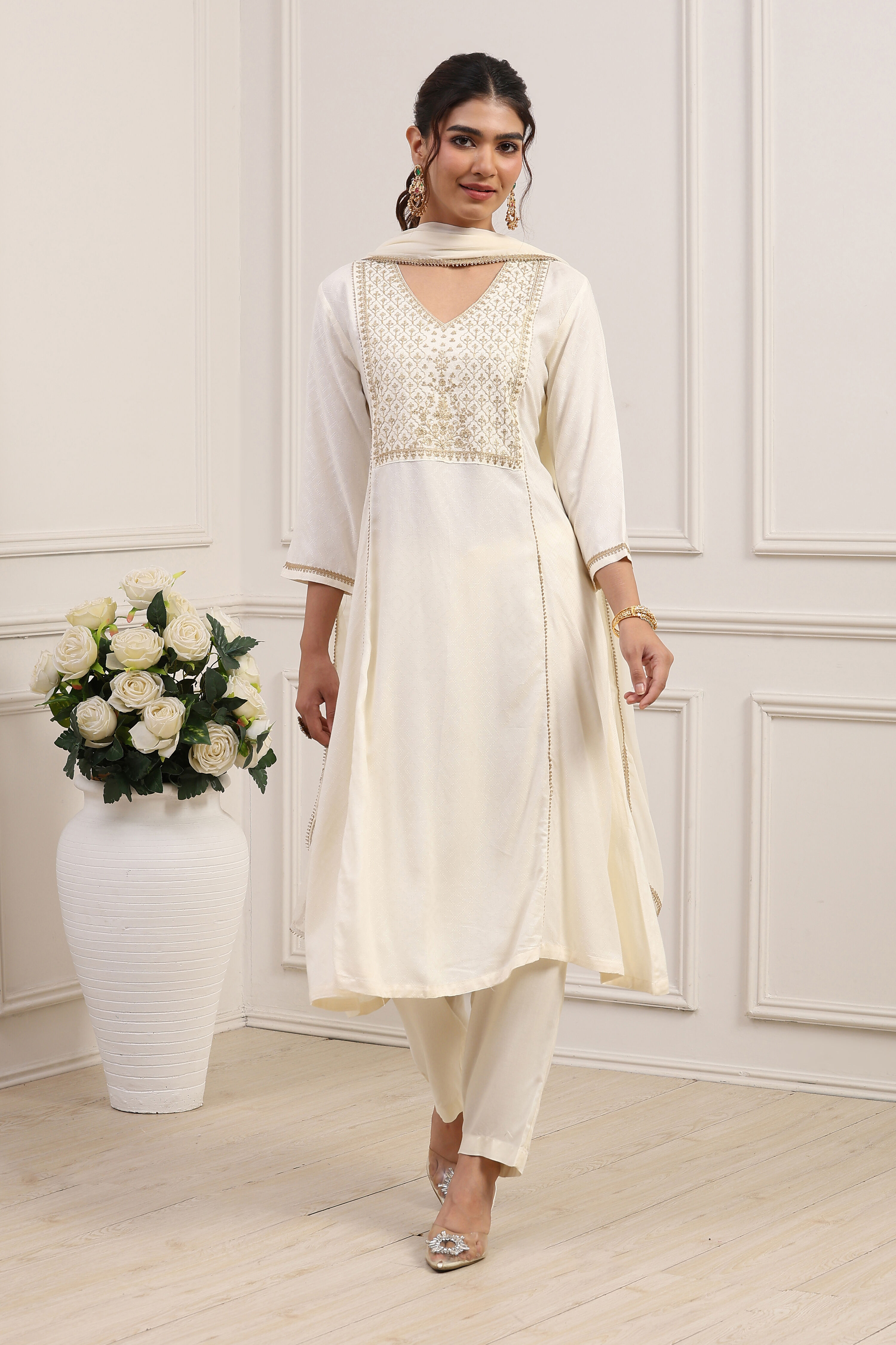 White Viscose Rayon Kalidar Suit Set image number 6