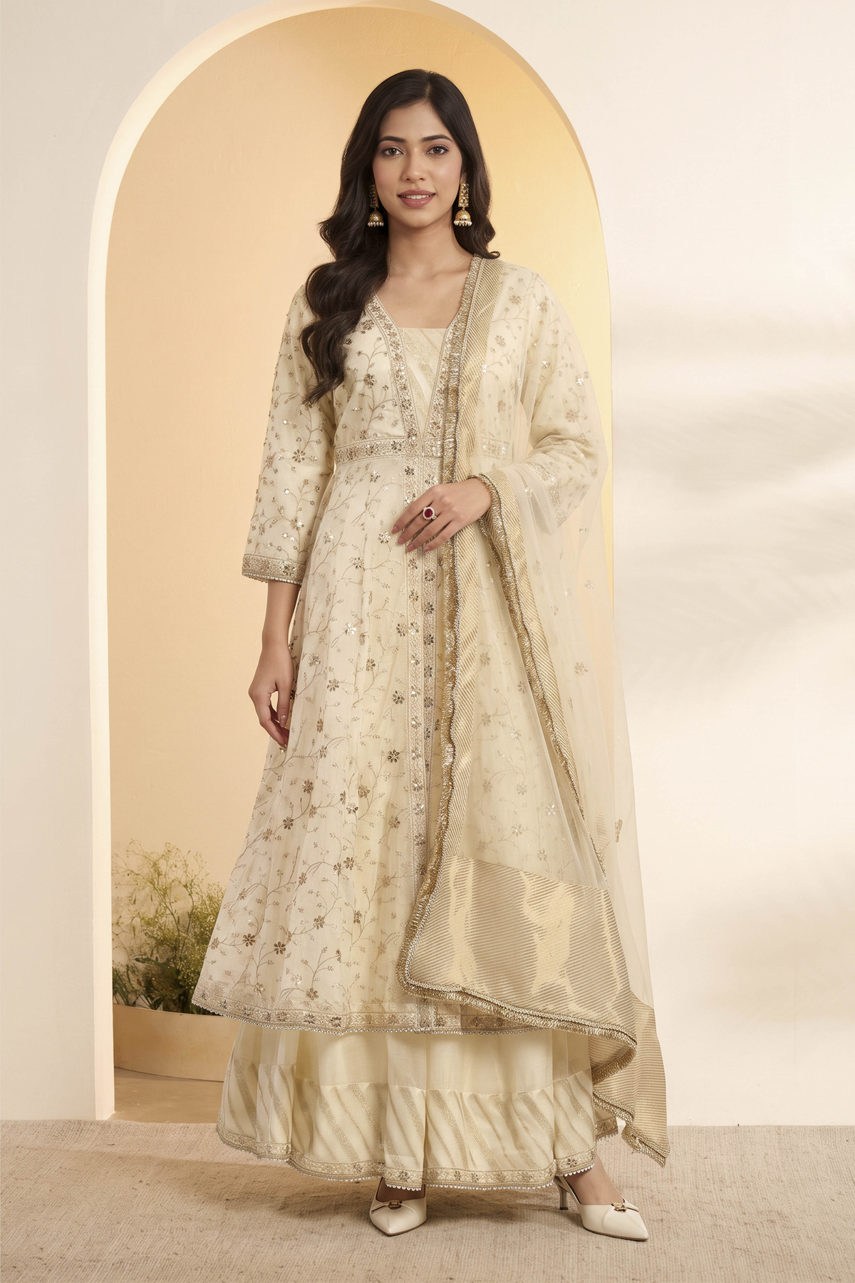 Ivory Silk Chanderi Embroidered Anarkali Kurta with Lehenga & Dupatta