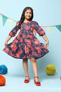 Blue Cotton All Over Print Dress image number 5
