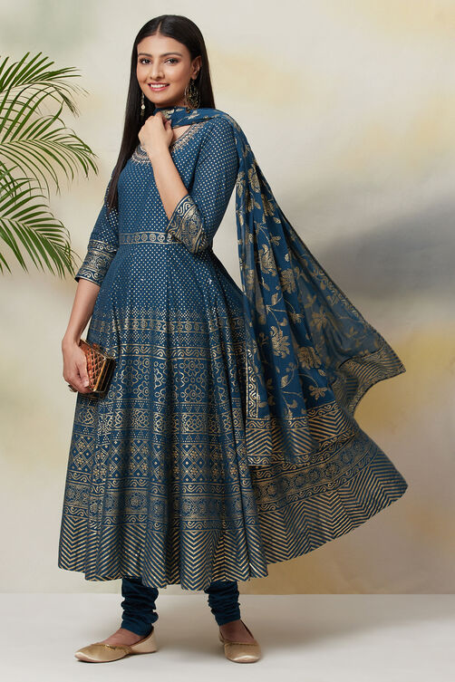 Blue Cotton Anarkali Kurta Churidar Suit Set image number 0