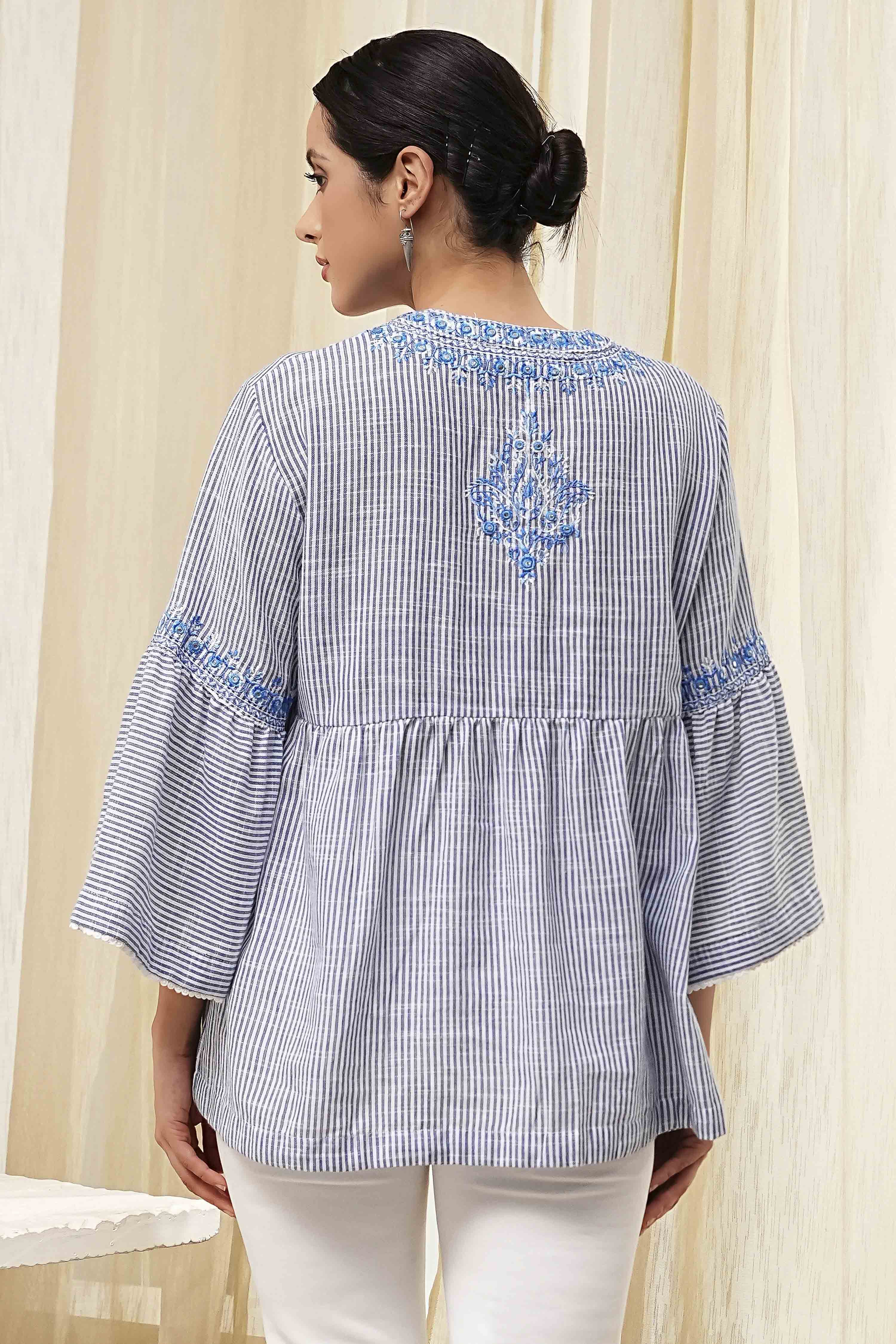 Blue Cotton Striped Straight Short Kurta image number 4