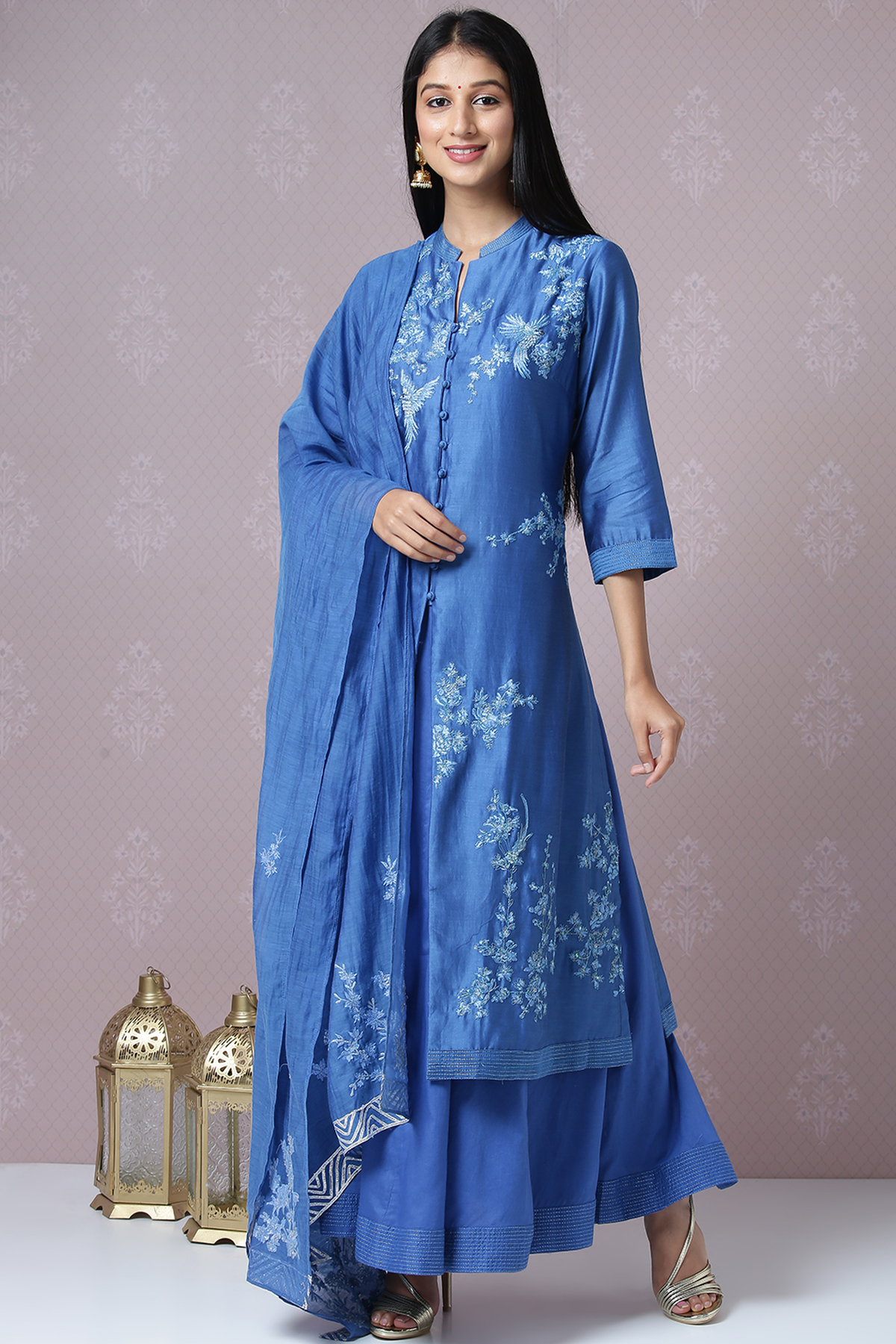 Blue Cotton Silk Front Open Kurta Skirt Suit Set