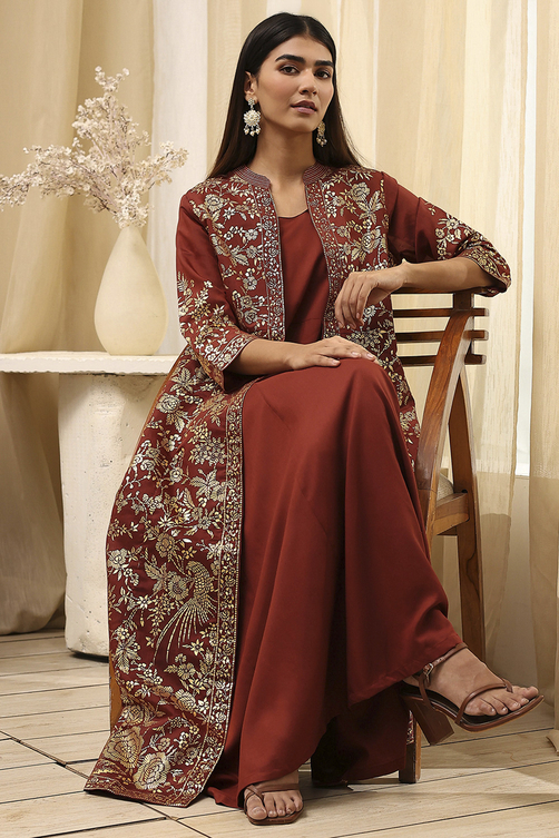 Earthy Brown Printed Layered Cape Dress image number 0