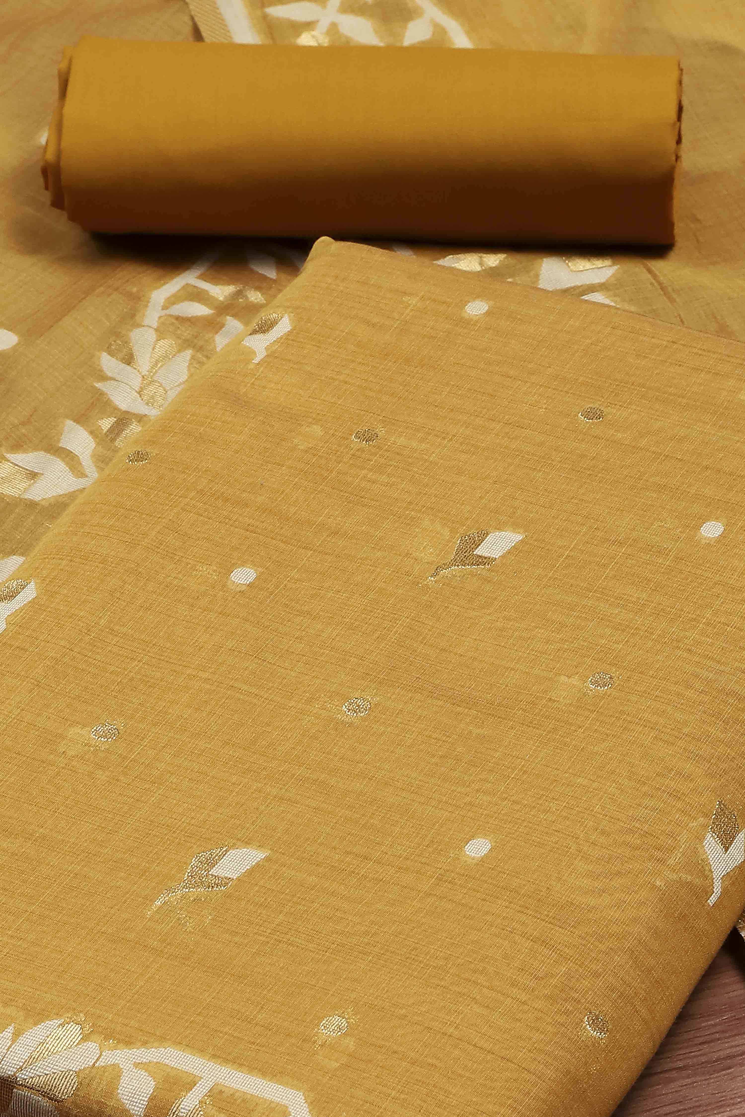 Mustard Cotton Jamdani Unstitched Suit Set image number 1