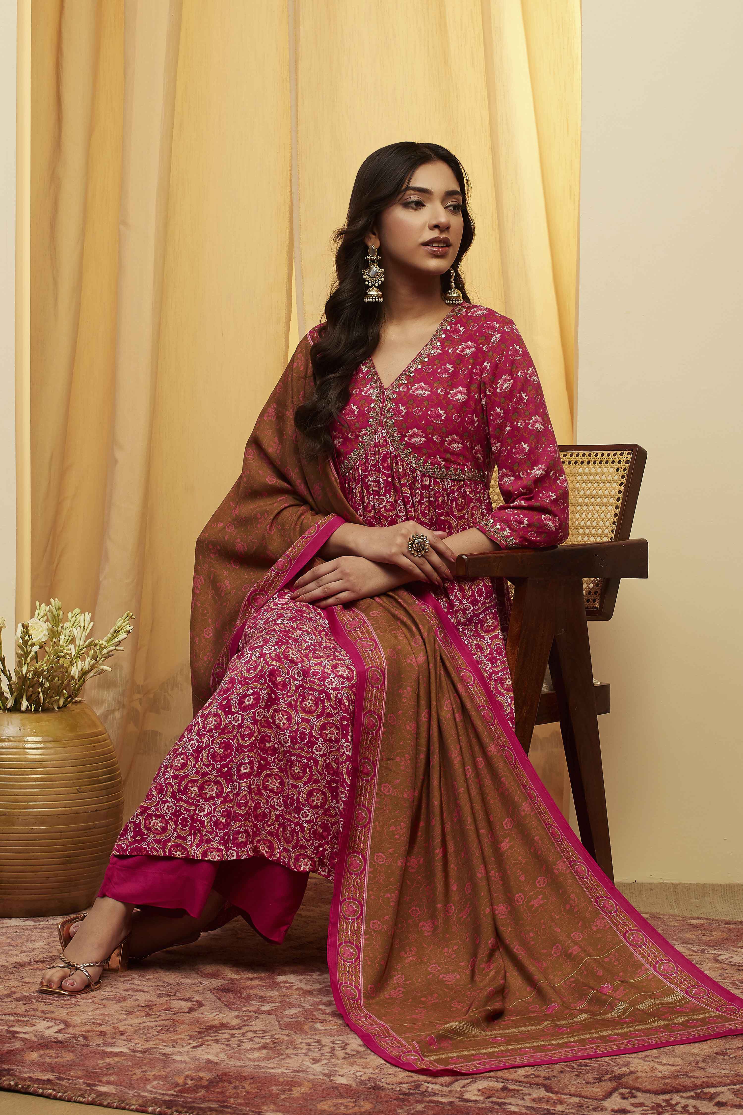 Pink Viscose Rayon Gathered Suit Set image number 0