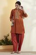Rust Cotton Mirror Work Short Kurta Set