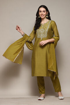 Lime Green Rayon Straight Embroidery Kurta Slim Pant Suit Set image number 0