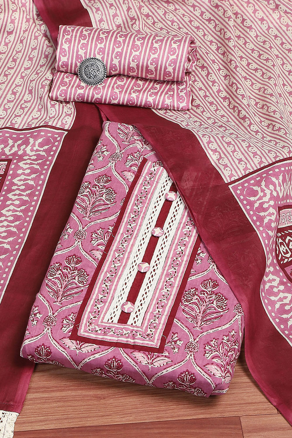 Blue Cotton Hand Block Print Unstitched Suit Set image number 0