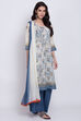 Cream And Indigo Art Silk Straight Kurta Flared Palazzo Suit Set image number 4