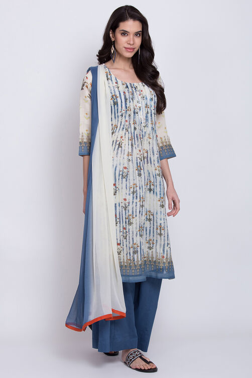 Cream And Indigo Art Silk Straight Kurta Flared Palazzo Suit Set image number 4