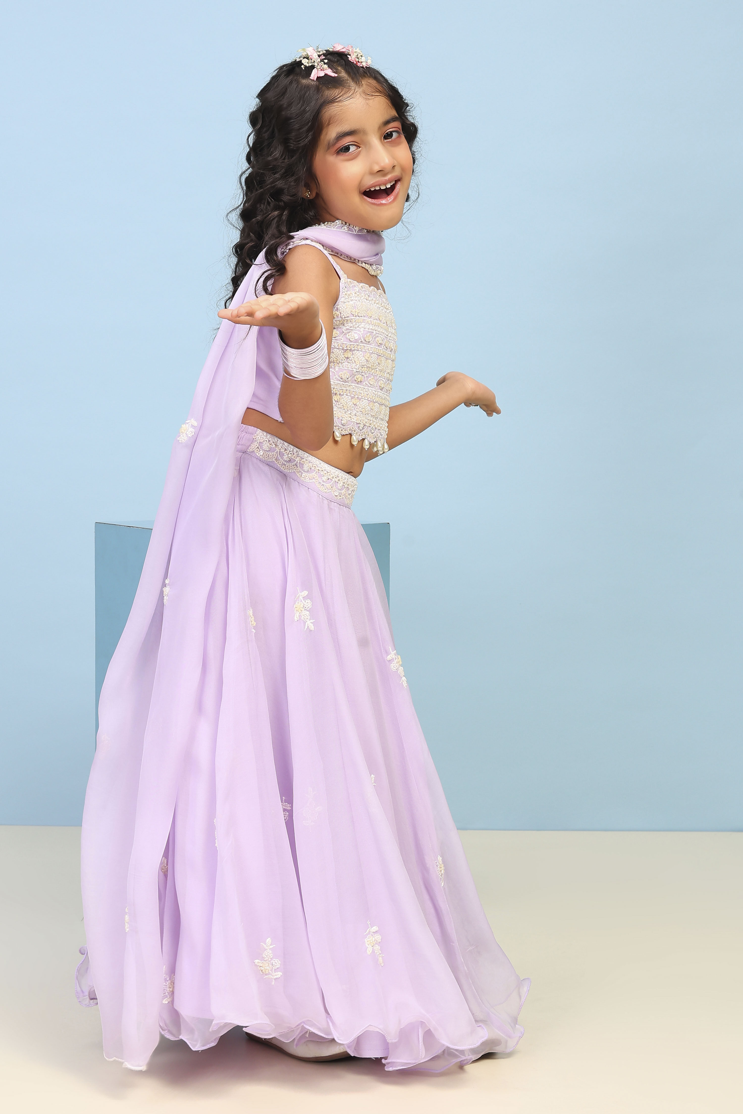 Lilac Viscose Rayon Embroidered Flared Lehenga Set image number 5
