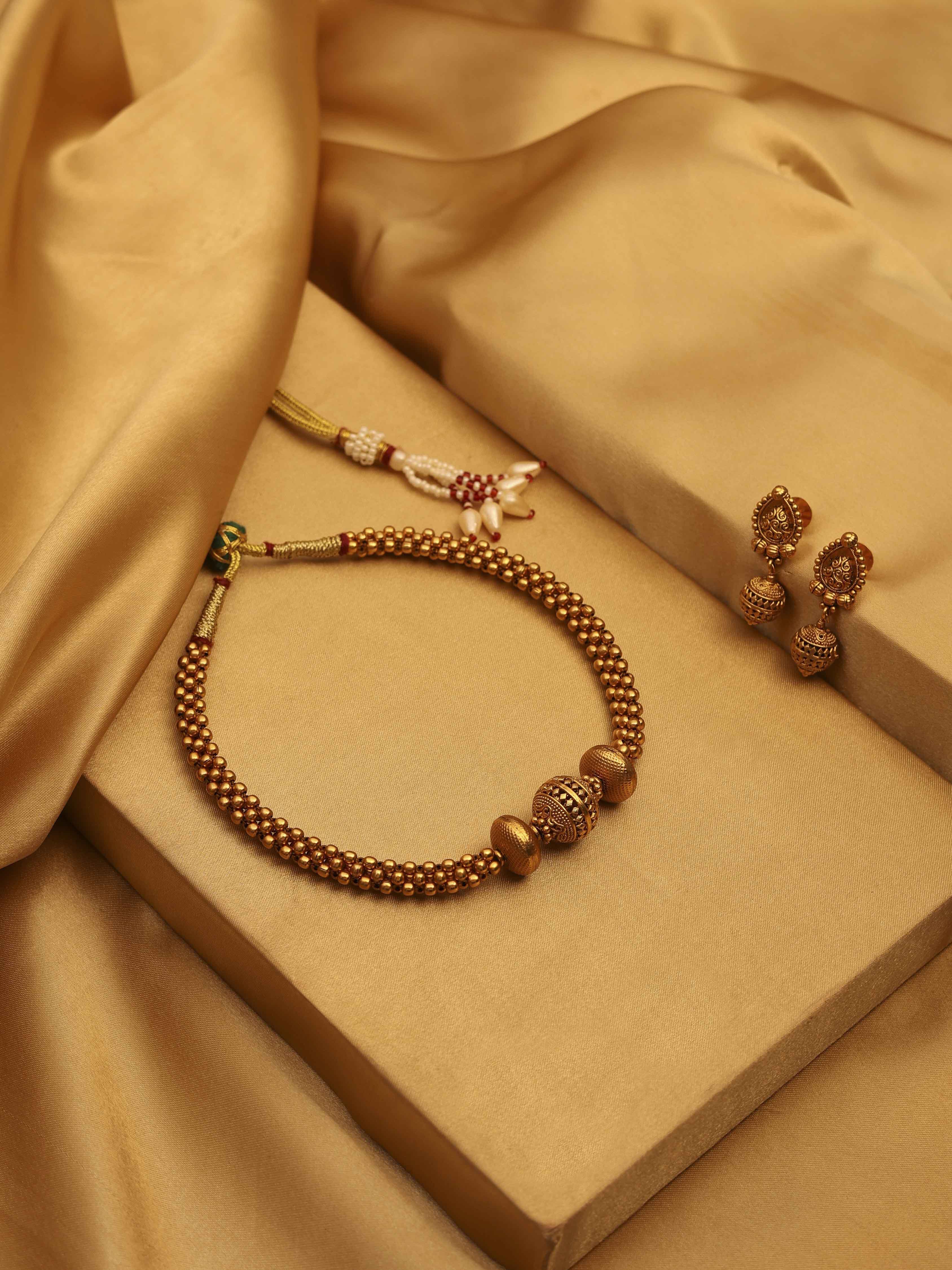 Gold Plated Brass Beaded Choker Necklace Set image number 0