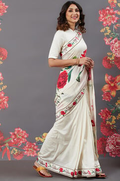 Rohit Bal Off White Chanderi Silk Printed Saree With Blouse image number 3