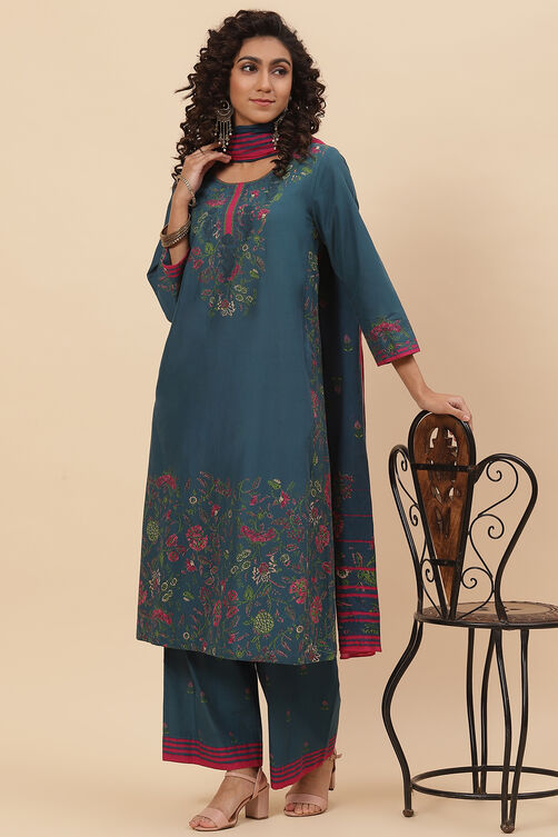 Blue Cotton Straight Kurta Palazzo Suit Set image number 7