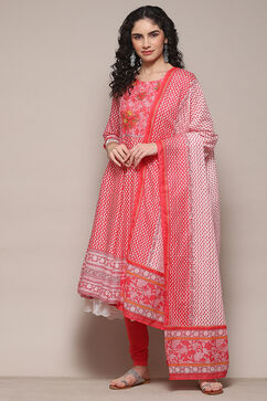 White Pink Cotton Anarkali Printed Kurta Churidar Suit Set image number 7