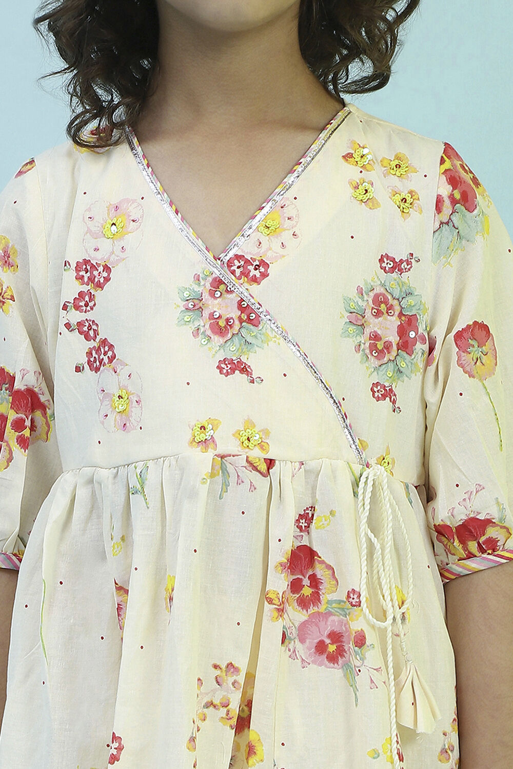 Cream-Colored Cotton Gathered Angrakha Suit Set image number 1