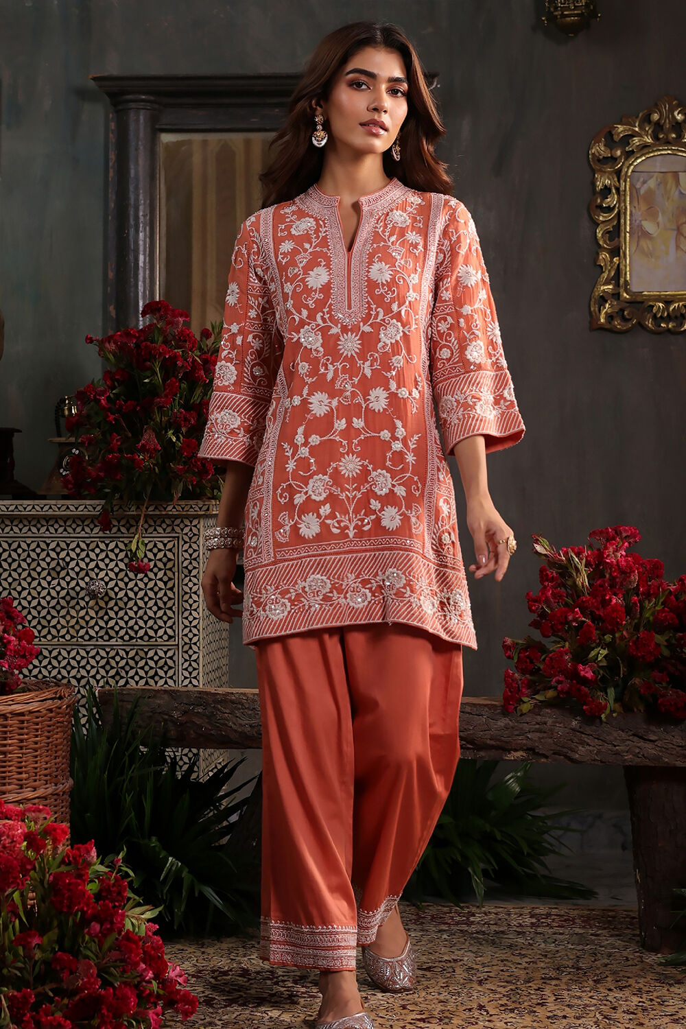 Orange Chanderi Embroidered Straight Suit Set image number 6
