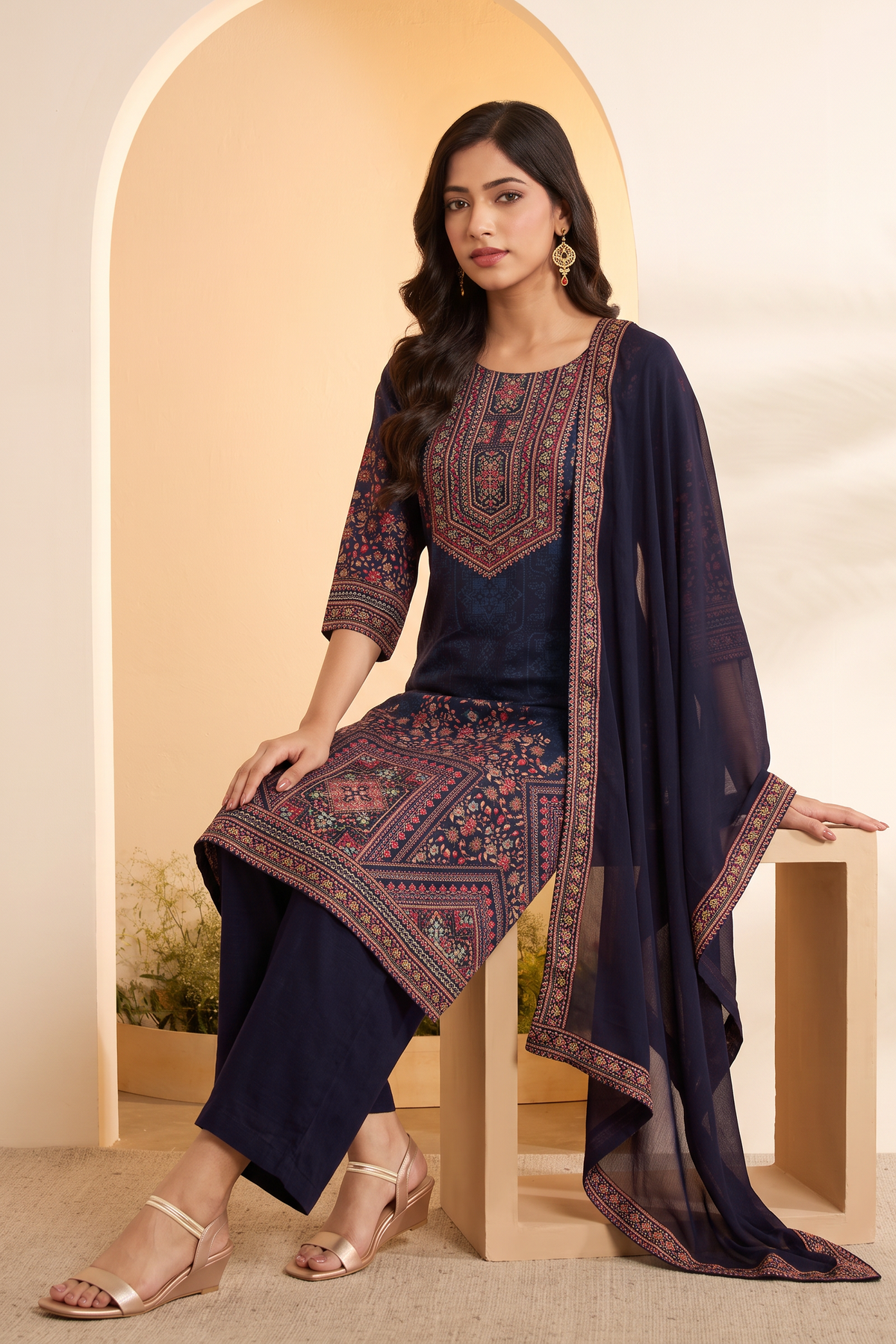 Blue Viscose Silk Printed Straight Kurta Set