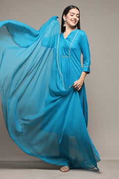 Turquoise LIVA Gathered Yarndyed Kurta Afgan Pant Suit Set image number 0