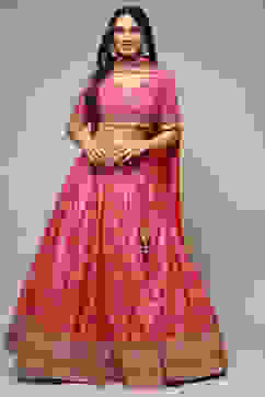 Fuchsia Silk Brocade Straight Embroidered Kurta Lehenga Set image number 0