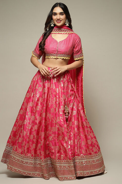 Fuchsia Silk Brocade Straight Embroidered Kurta Lehenga Set image number 0