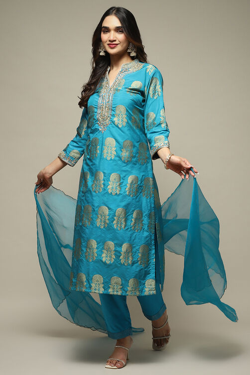 Blue Cotton Straight Kurta Pant Suit Set image number 0