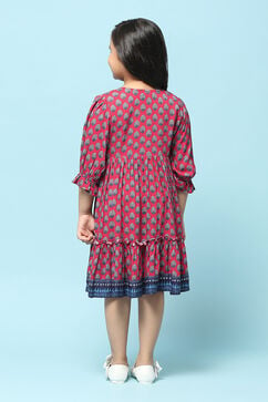 Blue & Rust Rayon Tiered Dress Printed Dress image number 3