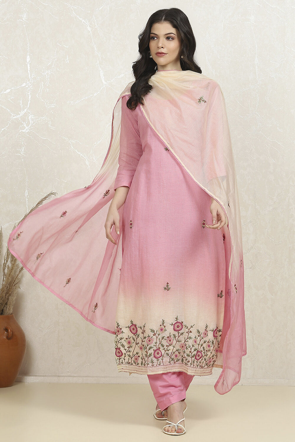 Pink Cotton Hand Embroidered Unstitched Suit Set image number 1