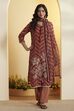 Rust Floral Printed Poly Linen Kurta Set