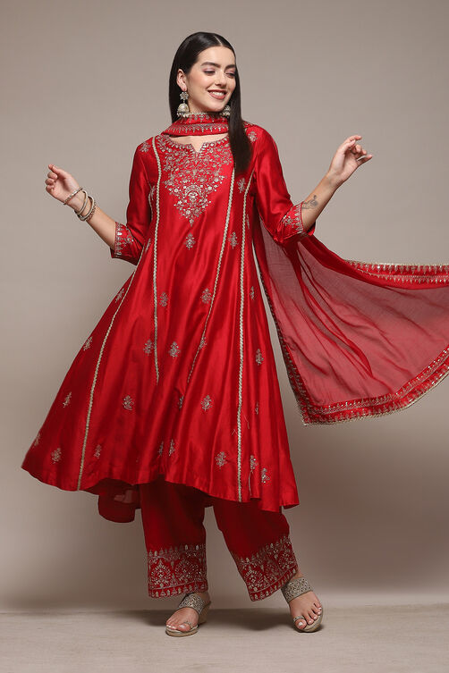 Red Cotton Silk Kalidar Kurta Palazzo Suit Set image number 8