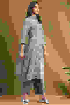 Grey Printed Festive A-line Suit Set image number 5