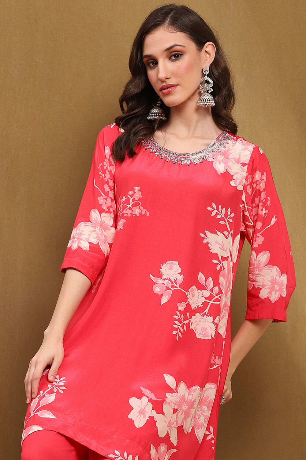Coral Modal Floral Printed Asymmetric Kurta Set image number 7