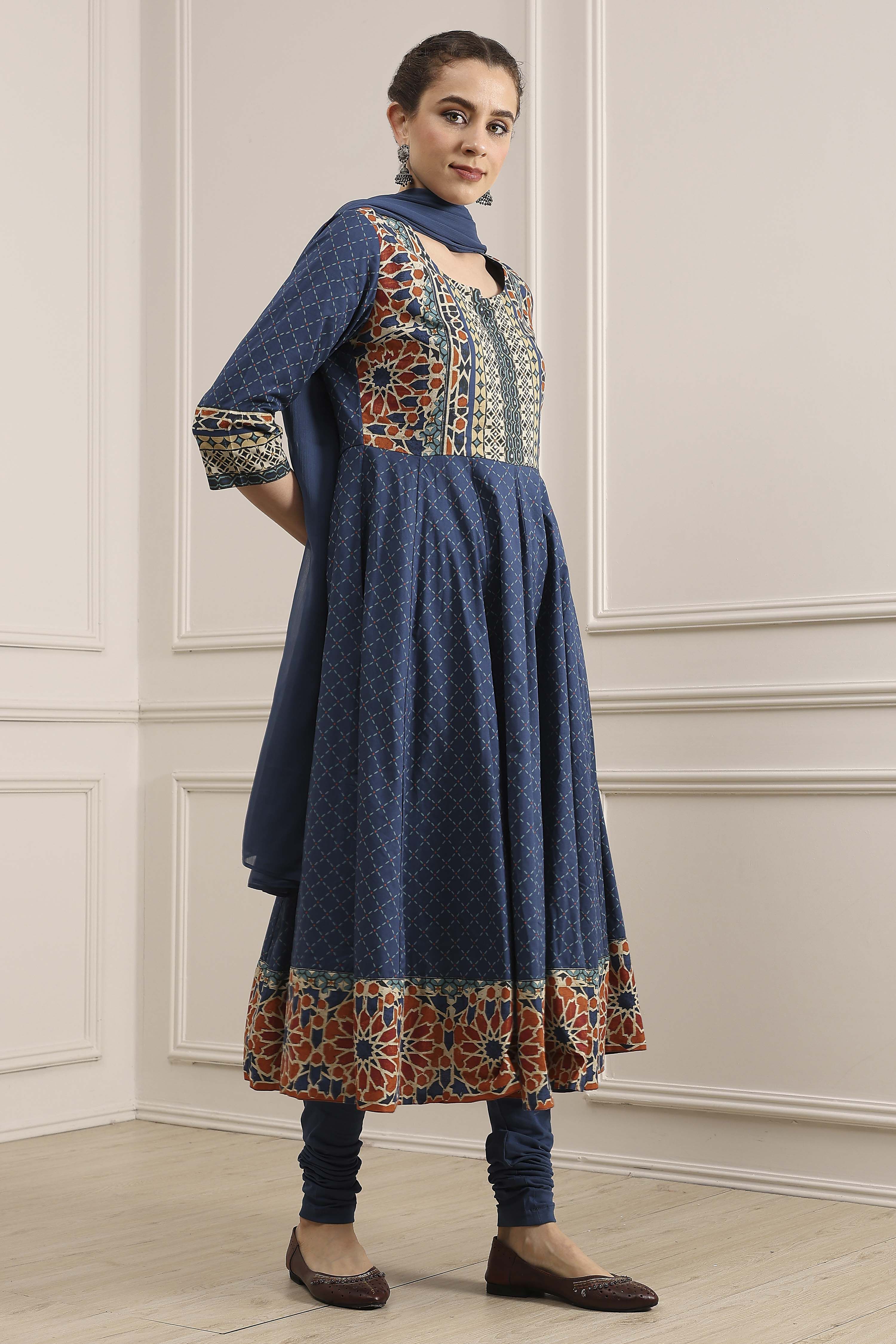 Indigo Cotton Printed Anarkali Suit Set image number 5